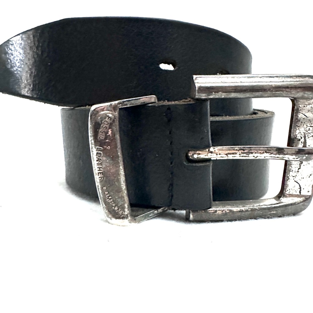 Vintage Fossil Leather Co Mens 34 Black Genuine Leather Belt Silver Buckle